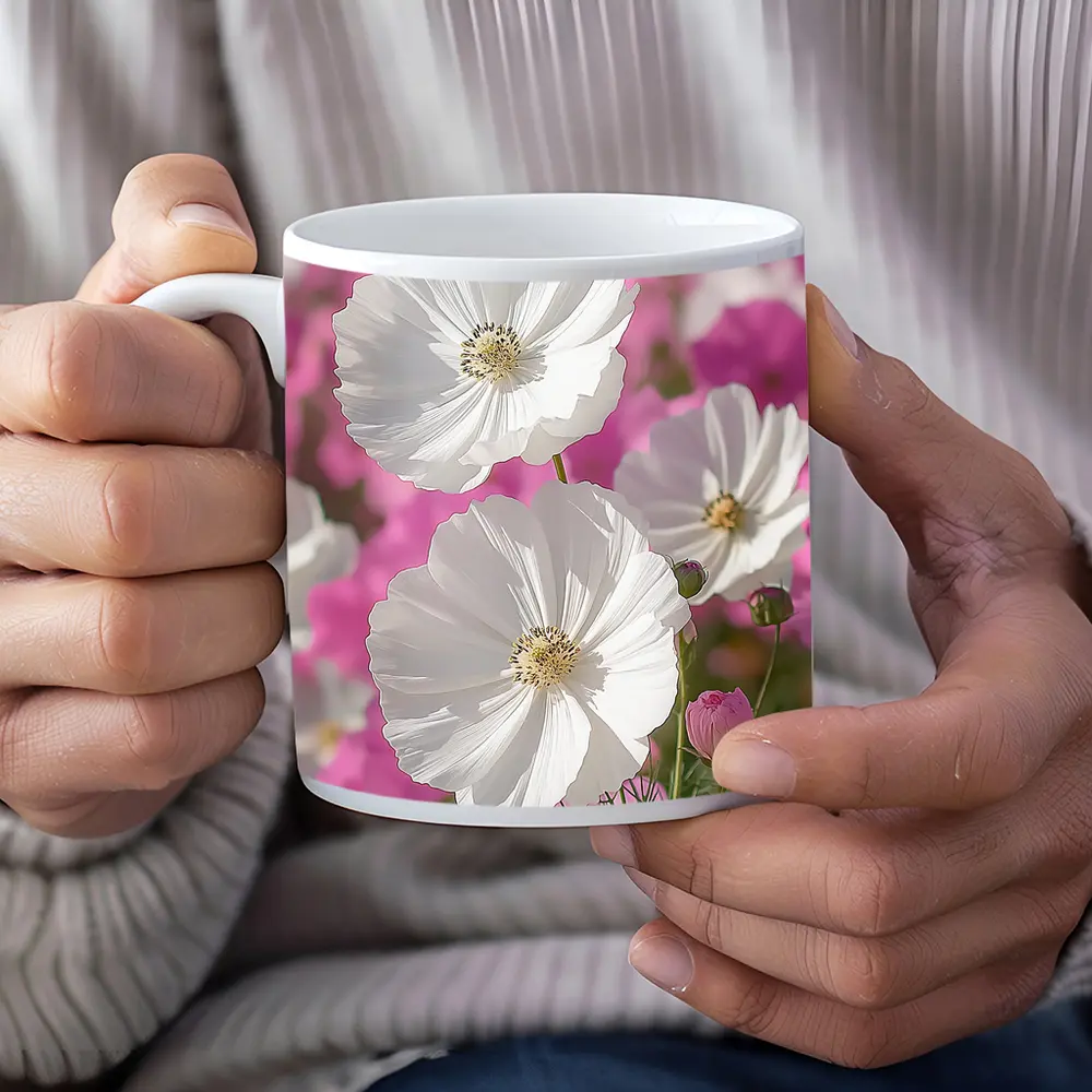 White Cosmos Flowers Pink Field Blue Sky – Mugs