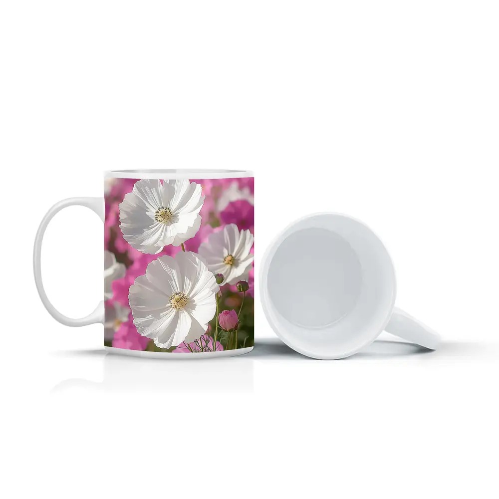White Cosmos Flowers Pink Field Blue Sky – Mugs