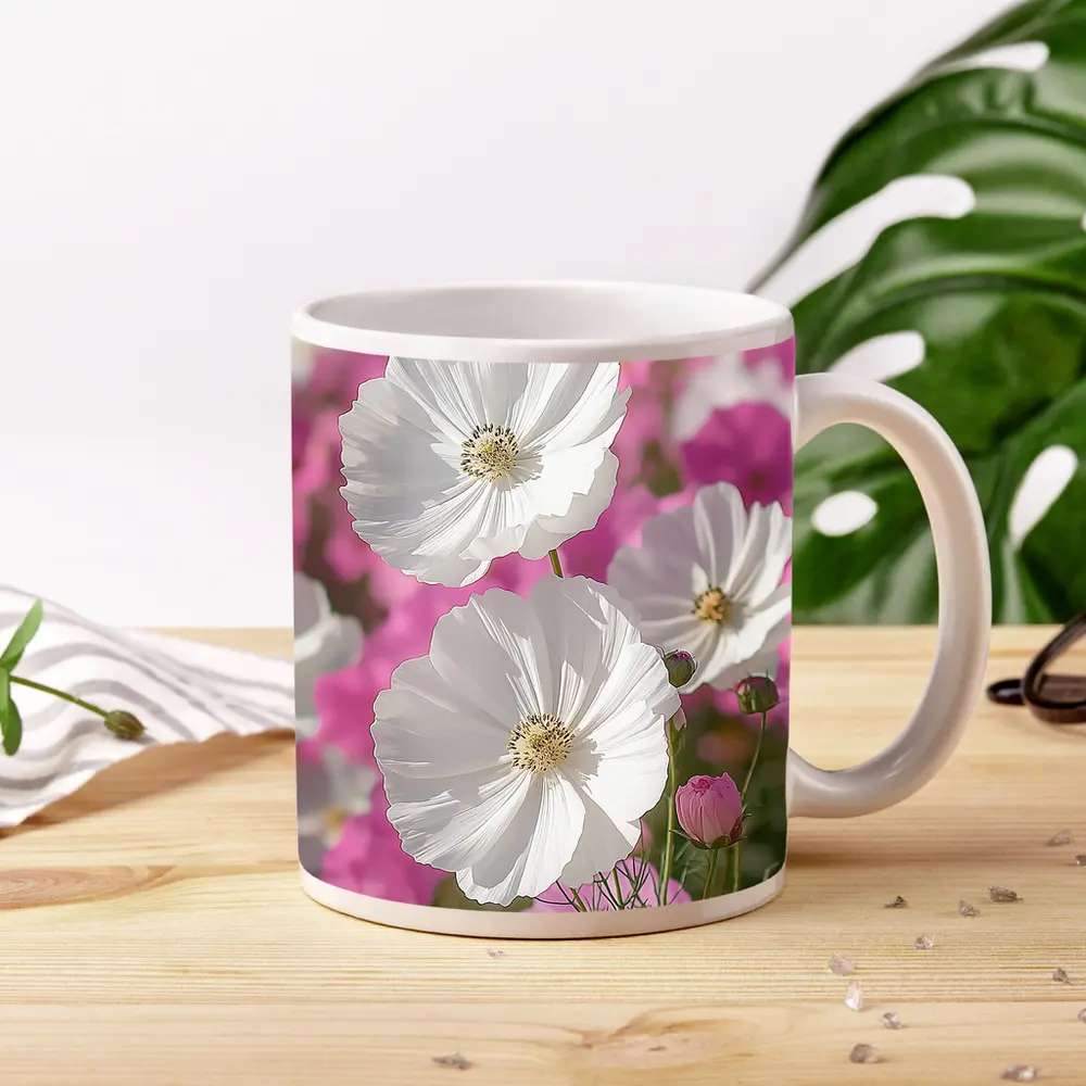 White Cosmos Flowers Pink Field Blue Sky – Mugs