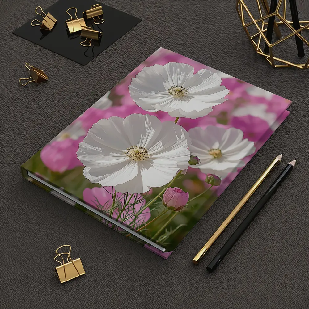 White Cosmos Flowers Pink Field Blue Sky – Notebooks