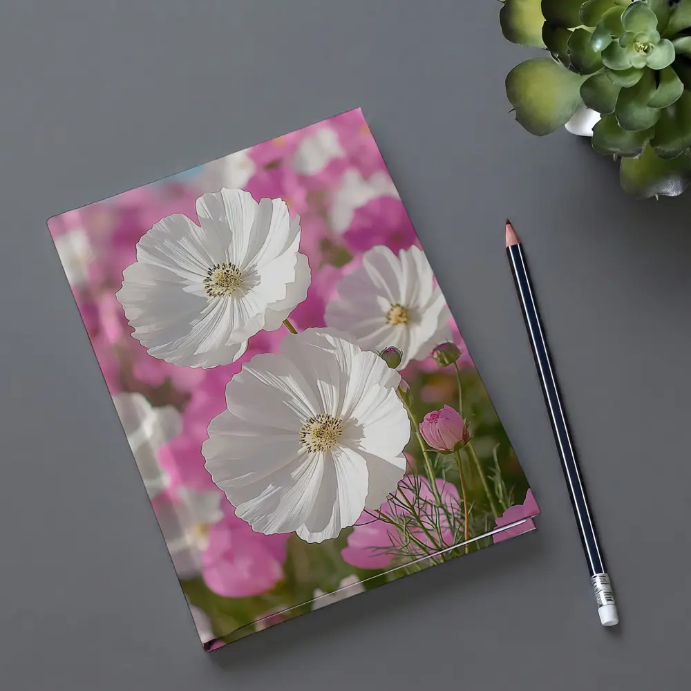 White Cosmos Flowers Pink Field Blue Sky – Notebooks