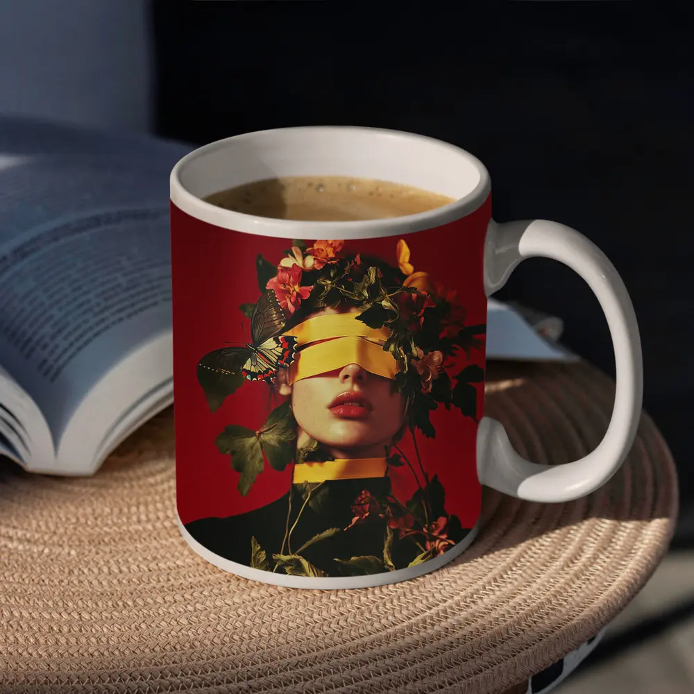 Blindfolded Woman Flowers Butterfly Red Background – Mugs