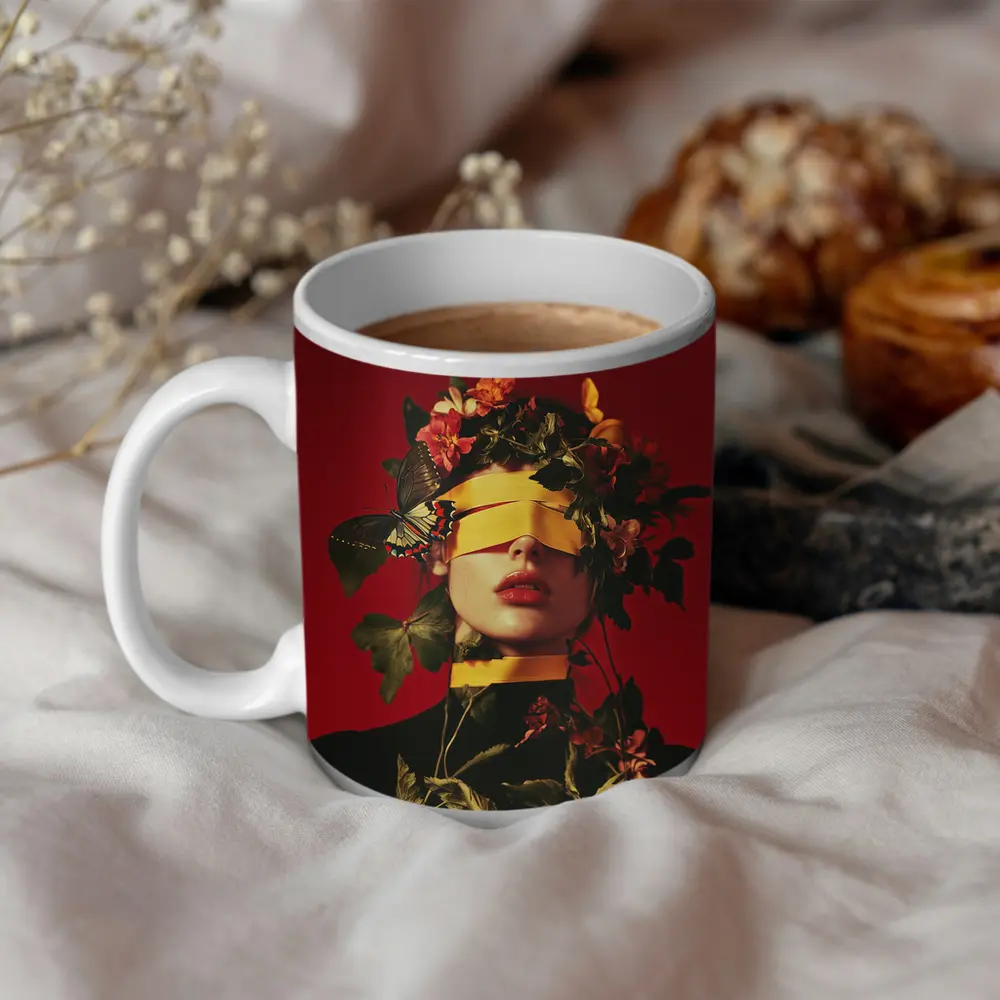Blindfolded Woman Flowers Butterfly Red Background – Mugs