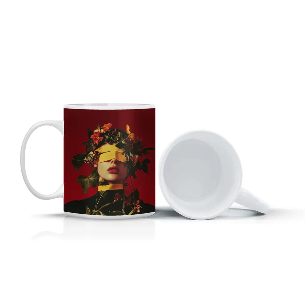 Blindfolded Woman Flowers Butterfly Red Background – Mugs