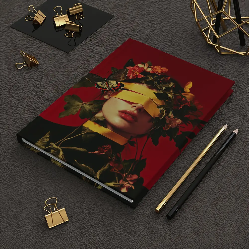 Blindfolded Woman Flowers Butterfly Red Background – Notebooks