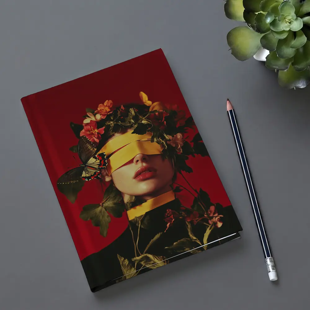 Blindfolded Woman Flowers Butterfly Red Background – Notebooks