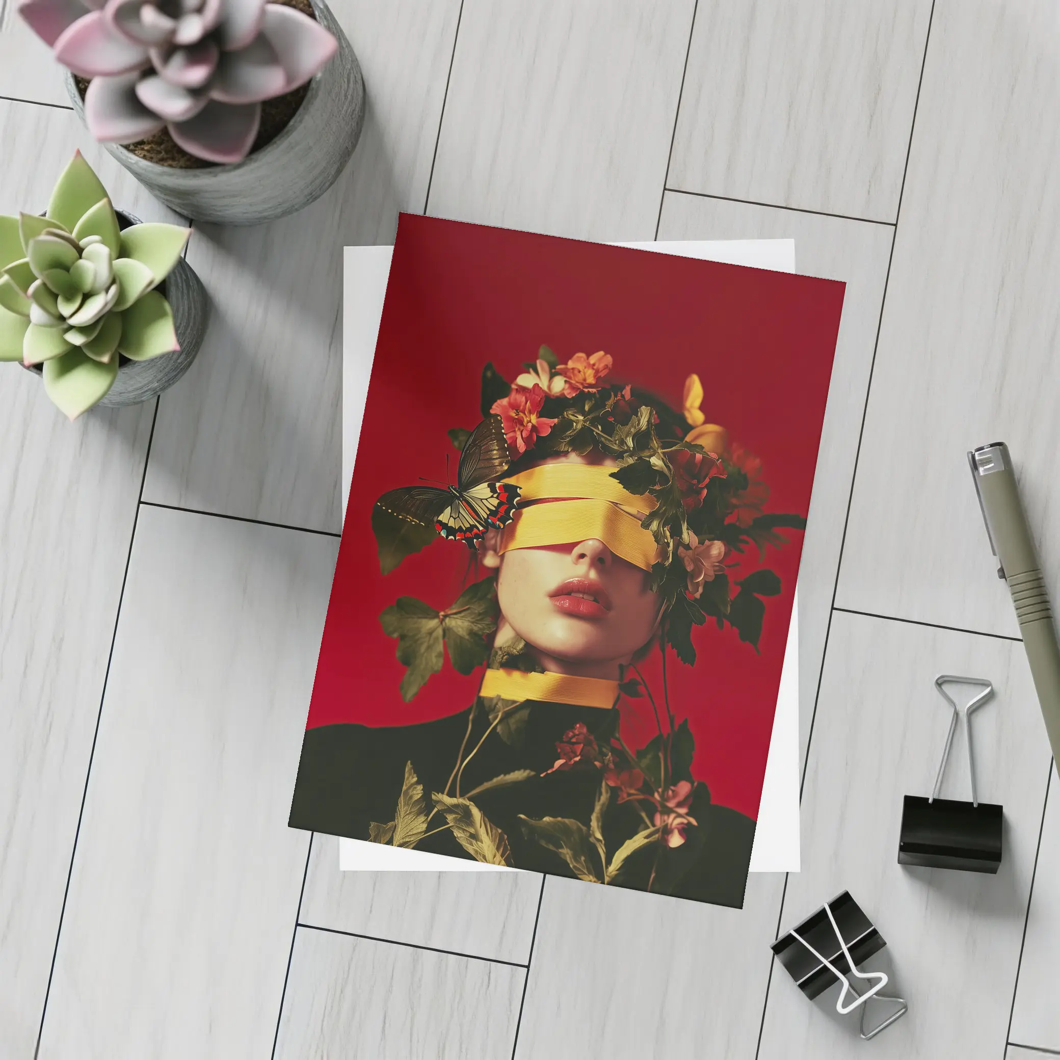 Blindfolded Woman Flowers Butterfly Red Background – Postcards