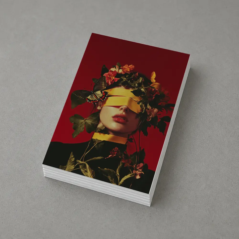 Blindfolded Woman Flowers Butterfly Red Background – Postcards