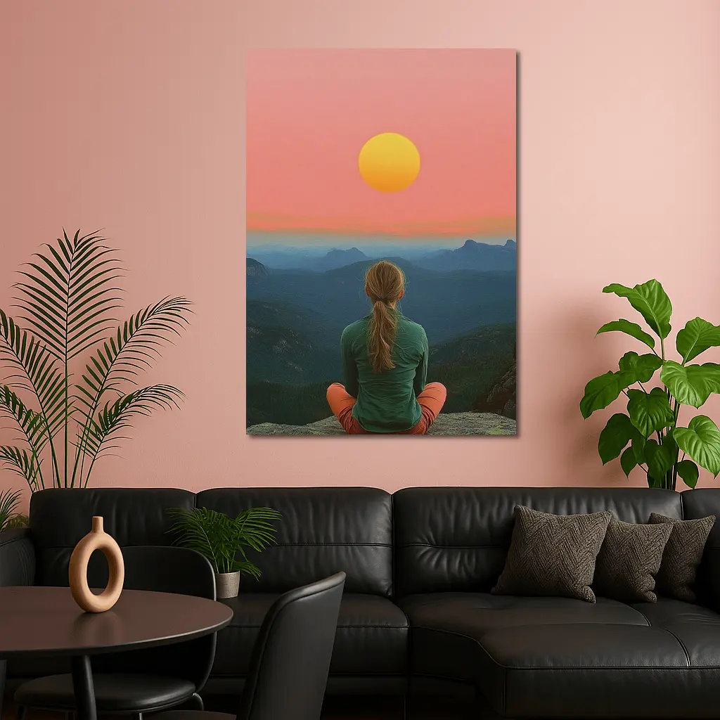 Woman Meditating Mountain Sunset Pink Sky – Wall Art
