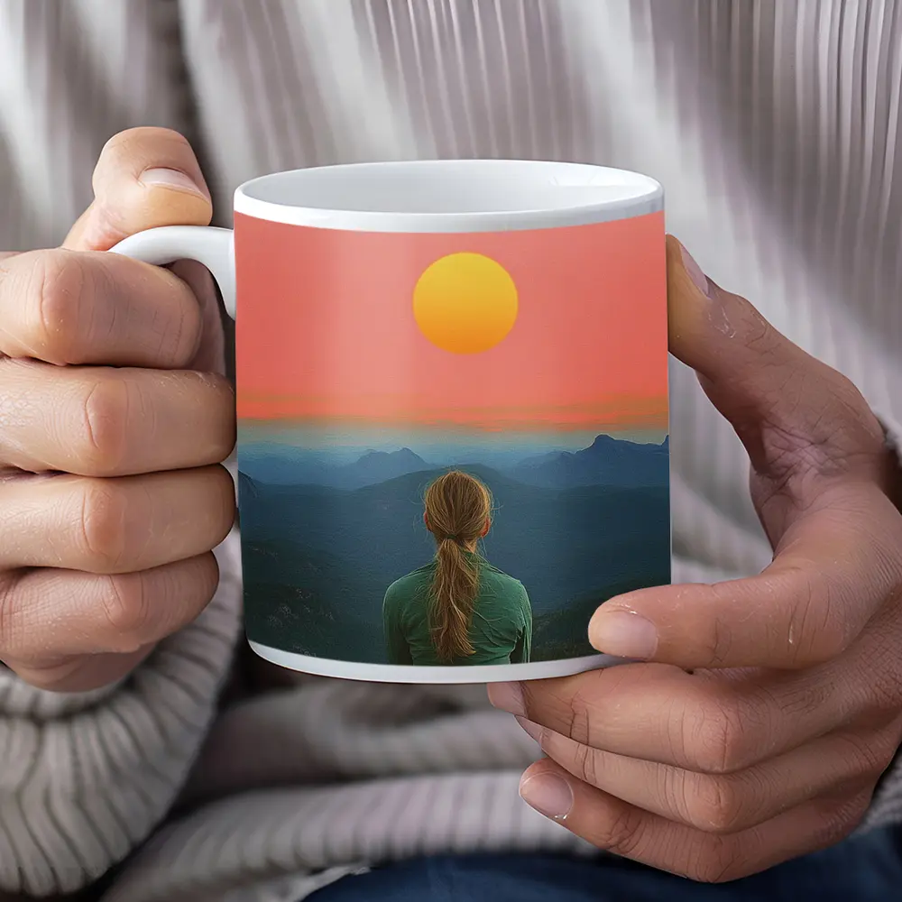 Woman Meditating Mountain Sunset Pink Sky – Mugs