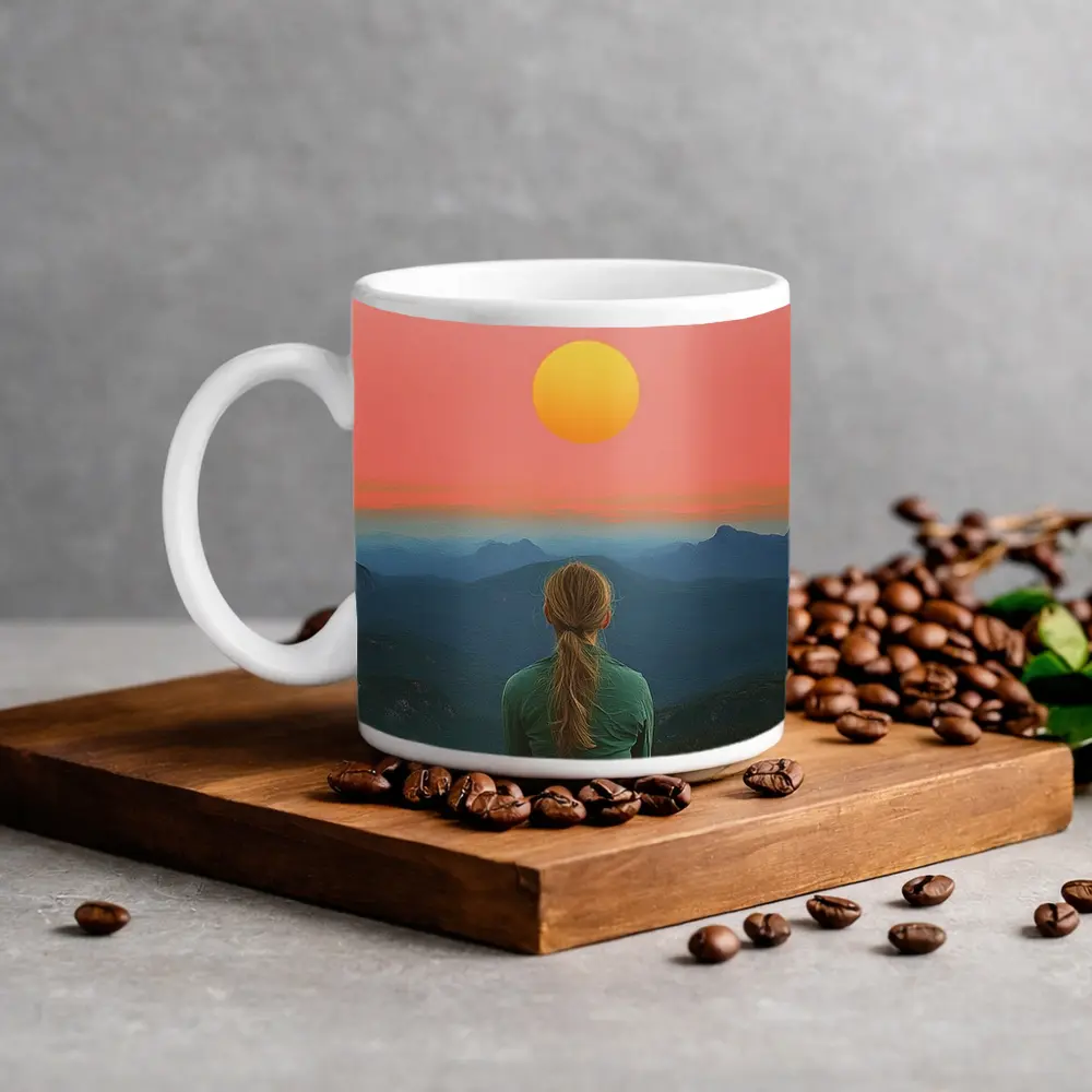 Woman Meditating Mountain Sunset Pink Sky – Mugs