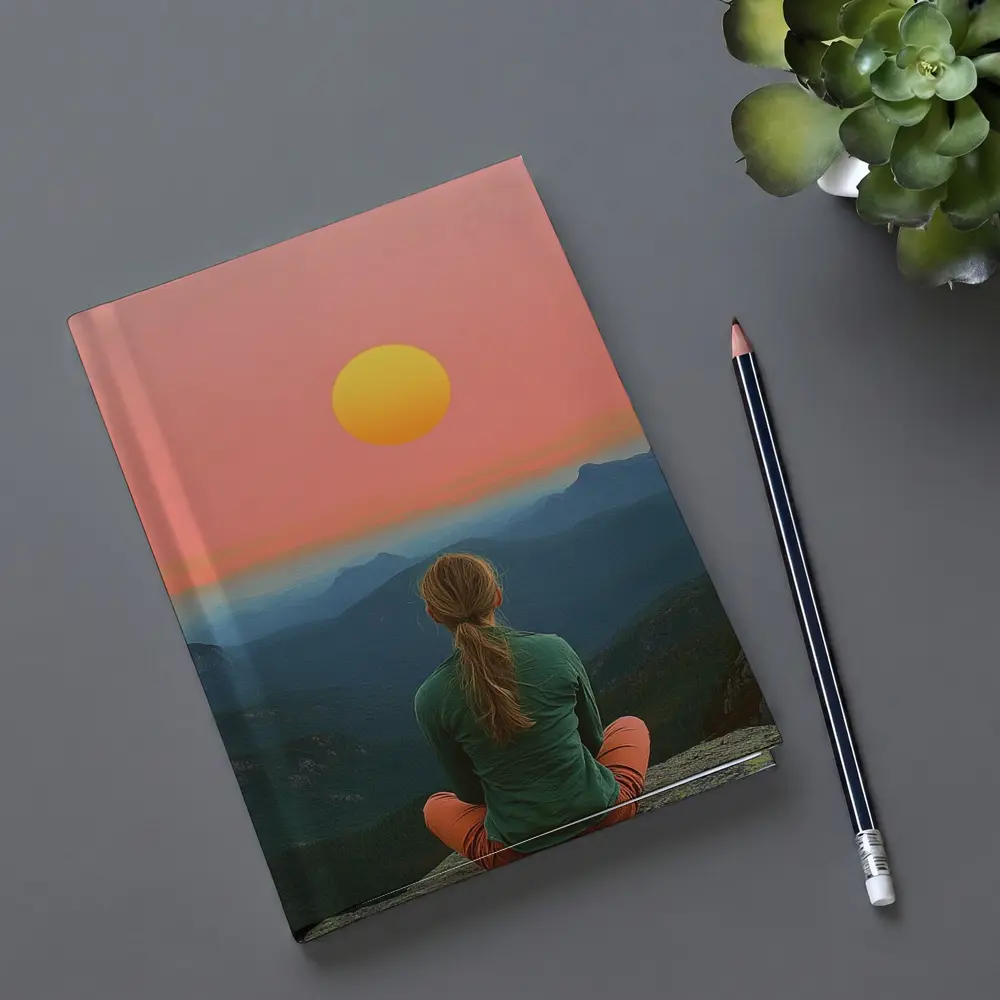 Woman Meditating Mountain Sunset Pink Sky – Notebooks