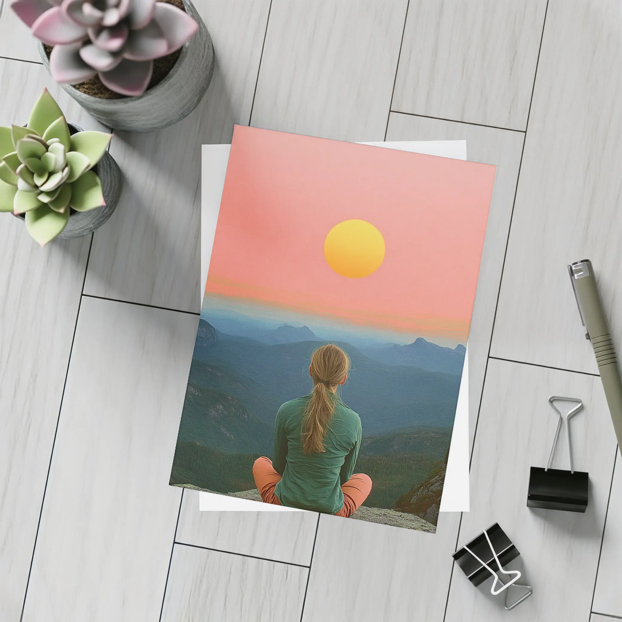 Woman Meditating Mountain Sunset Pink Sky – Postcards