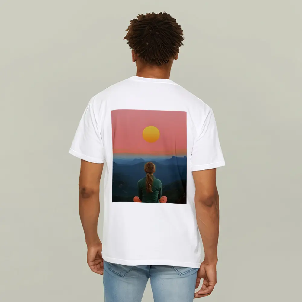 Woman Meditating Mountain Sunset Pink Sky – T-Shirts