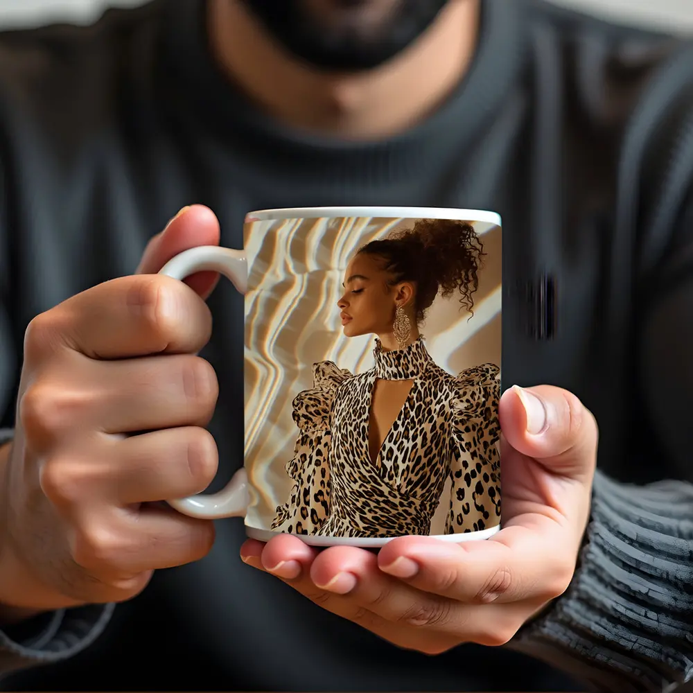 Leopard Print Dress Woman Warm Light Background – Mugs