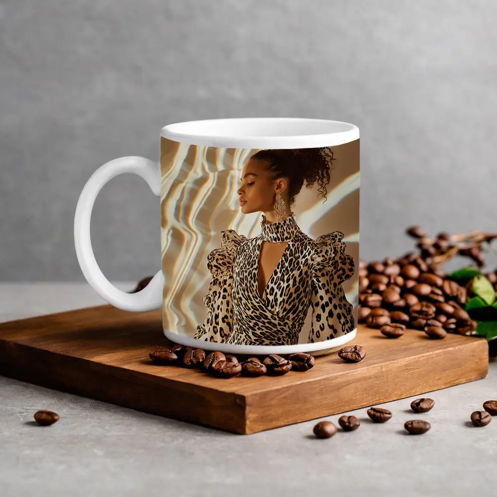 Leopard Print Dress Woman Warm Light Background – Mugs