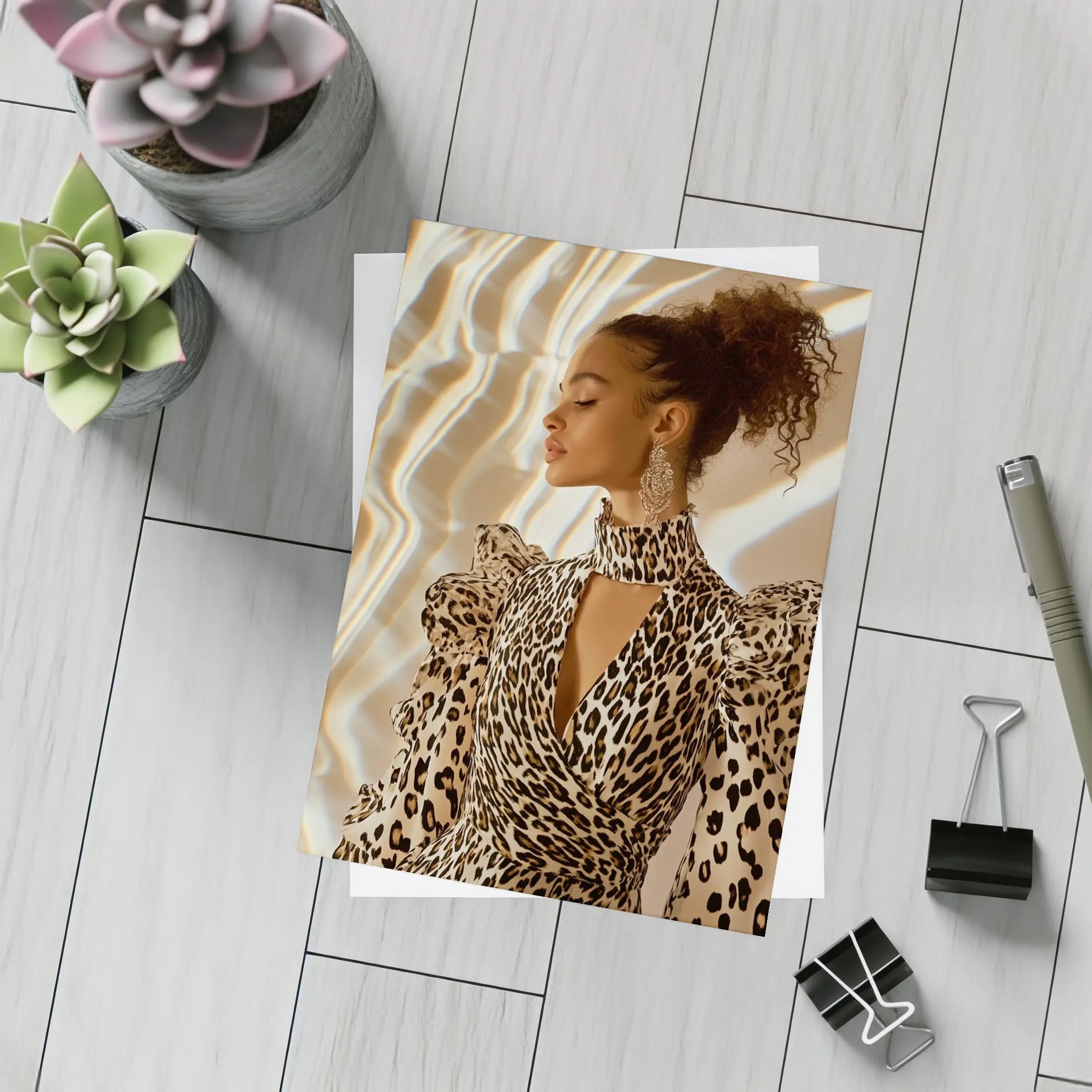 Leopard Print Dress Woman Warm Light Background – Postcards
