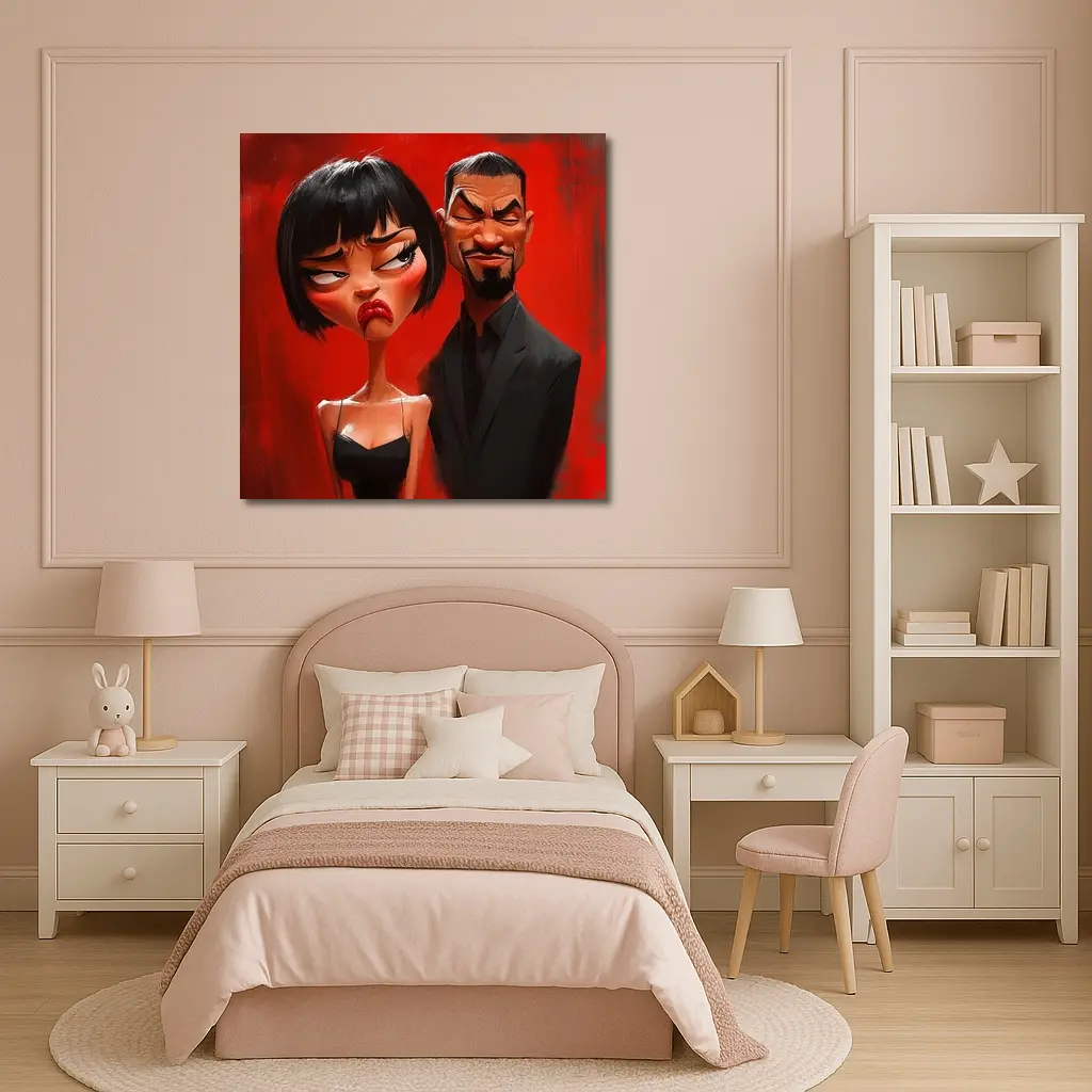 Cartoon Couple Man Woman Red Background – Wall Art