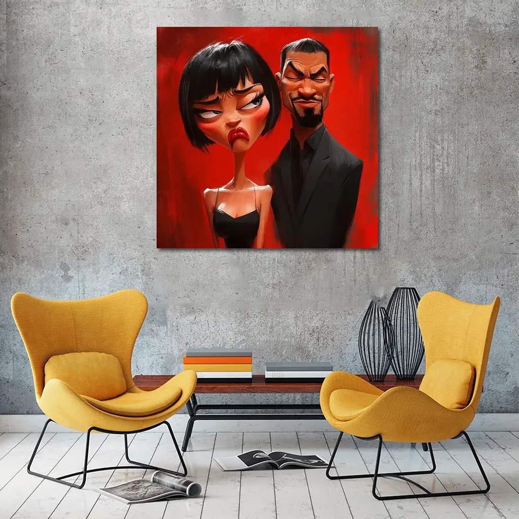 Cartoon Couple Man Woman Red Background – Wall Art