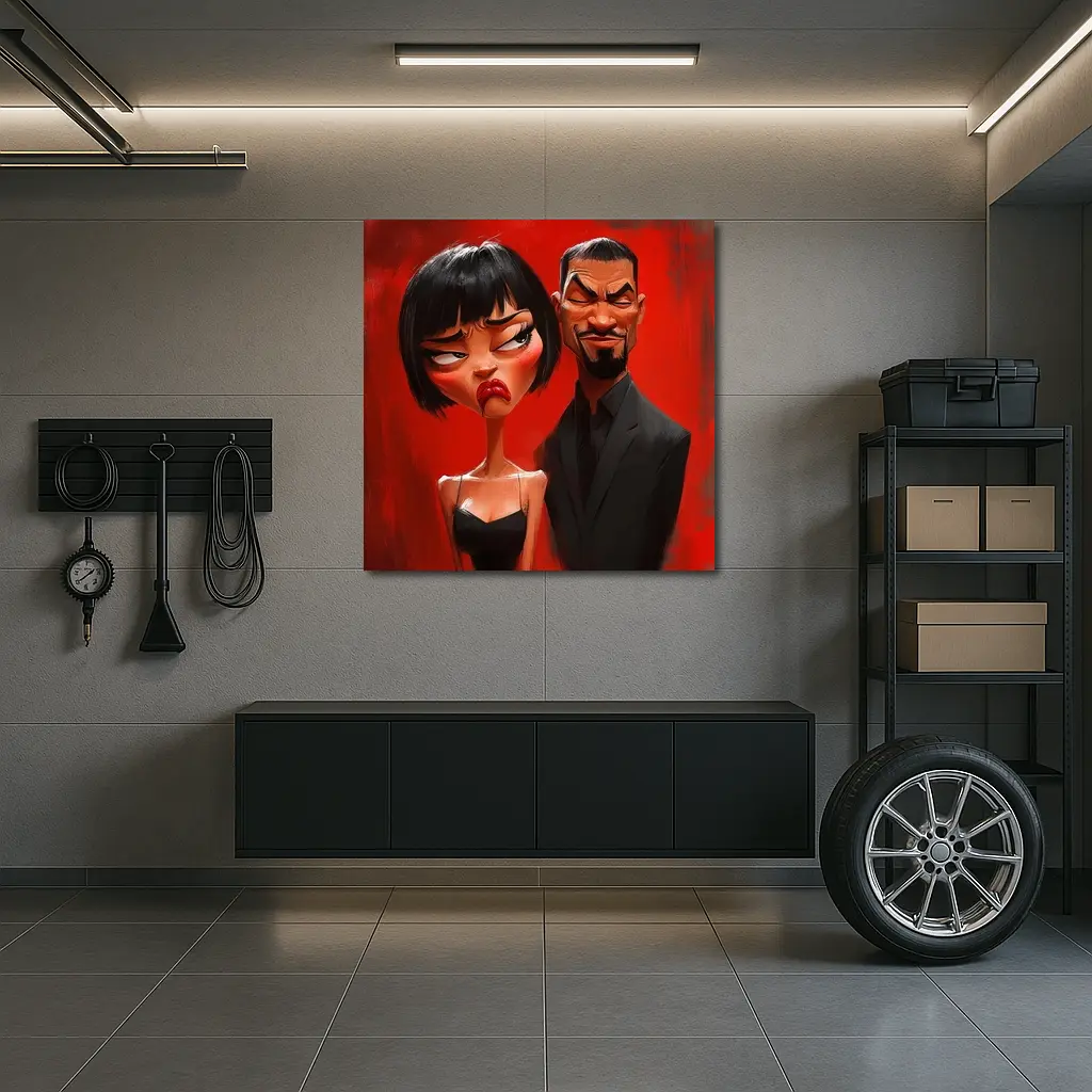 Cartoon Couple Man Woman Red Background – Wall Art