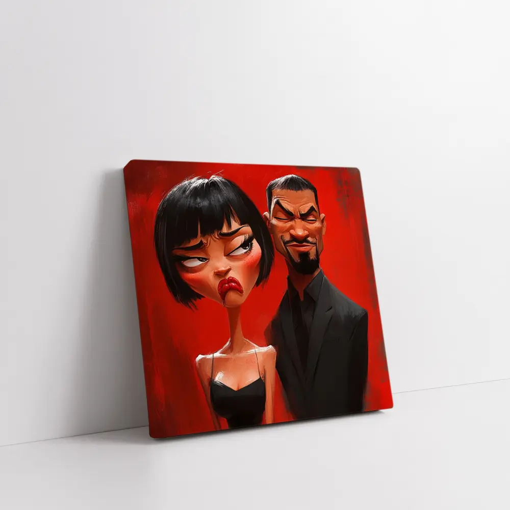 Cartoon Couple Man Woman Red Background – Wall Art