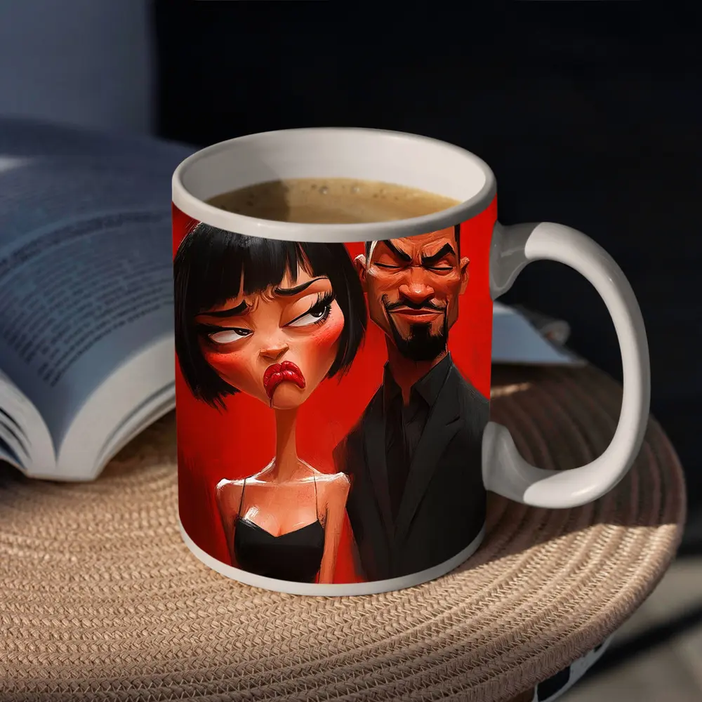 Cartoon Couple Man Woman Red Background – Mugs