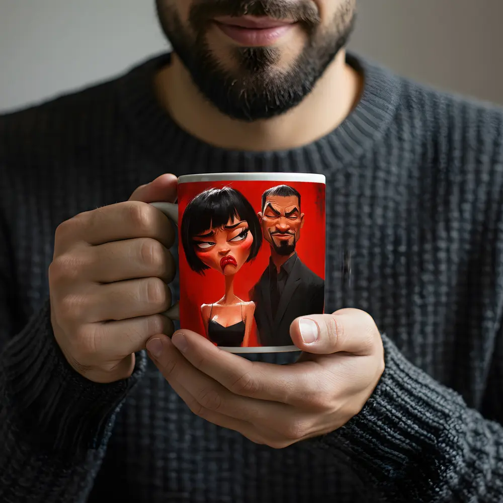Cartoon Couple Man Woman Red Background – Mugs