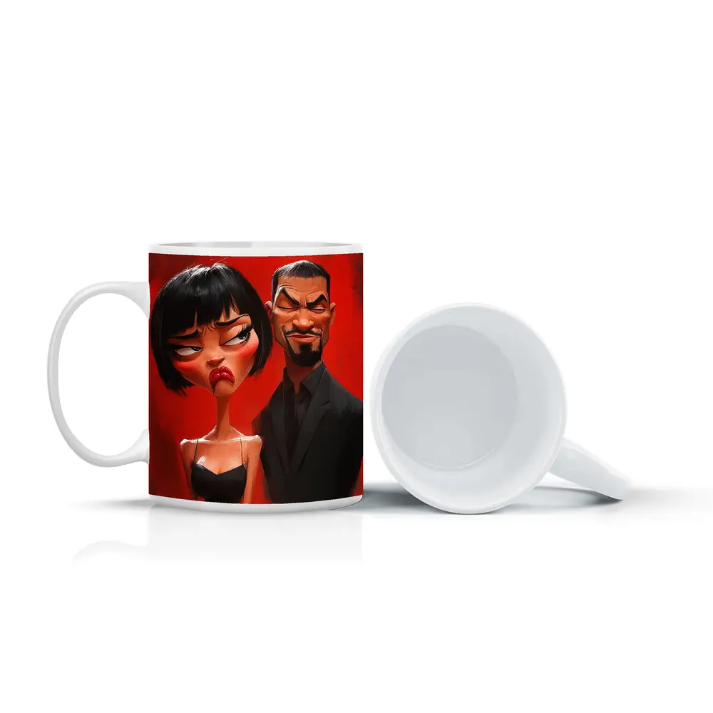 Cartoon Couple Man Woman Red Background – Mugs