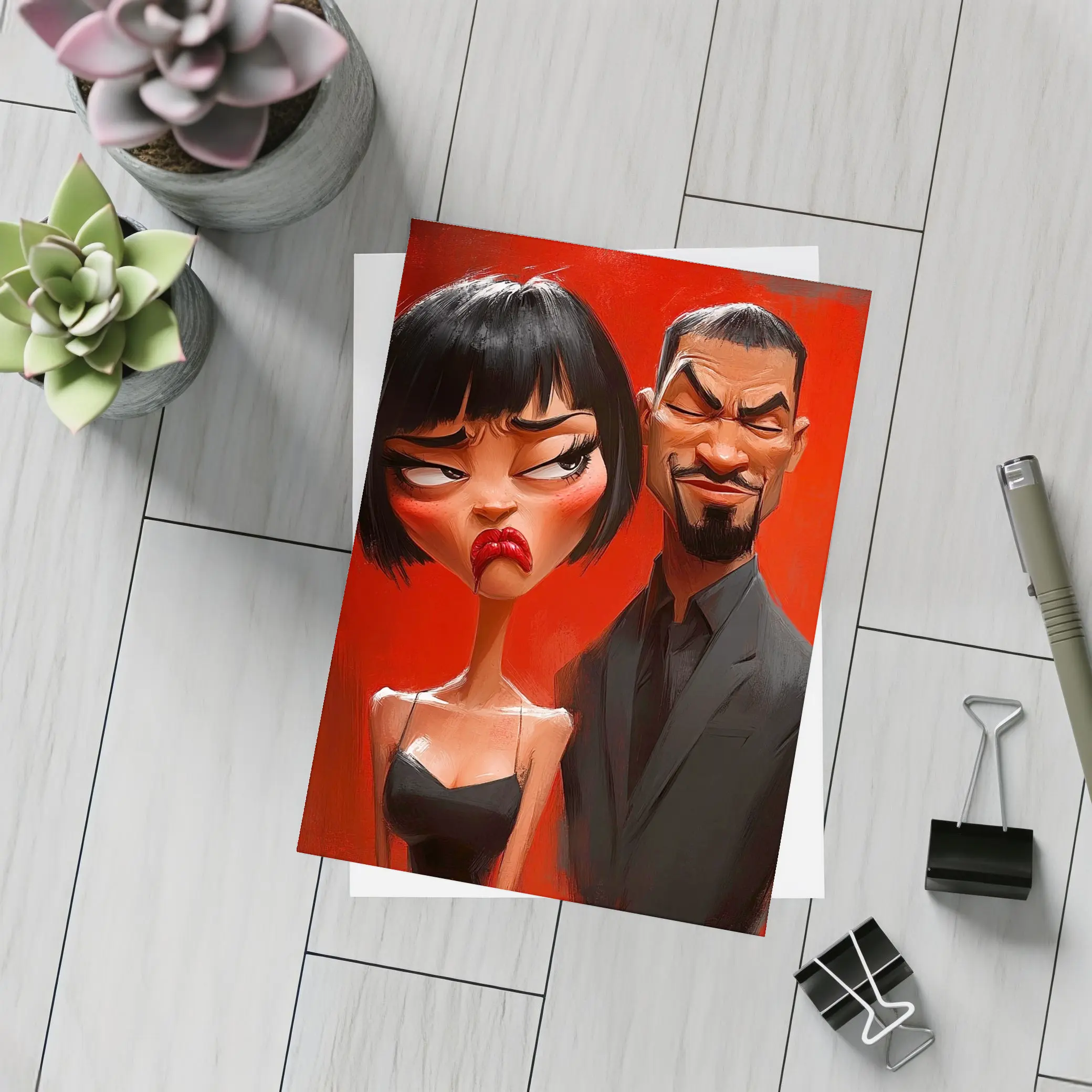 Cartoon Couple Man Woman Red Background – Postcards