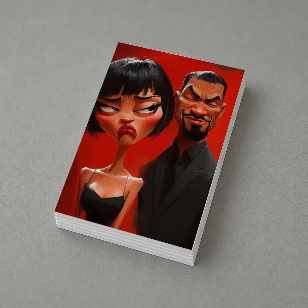 Cartoon Couple Man Woman Red Background – Postcards