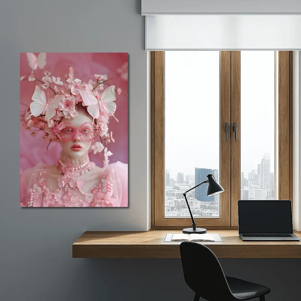 Pink Fantasy Woman Butterflies Cherry Blossoms Portrait – Wall Art