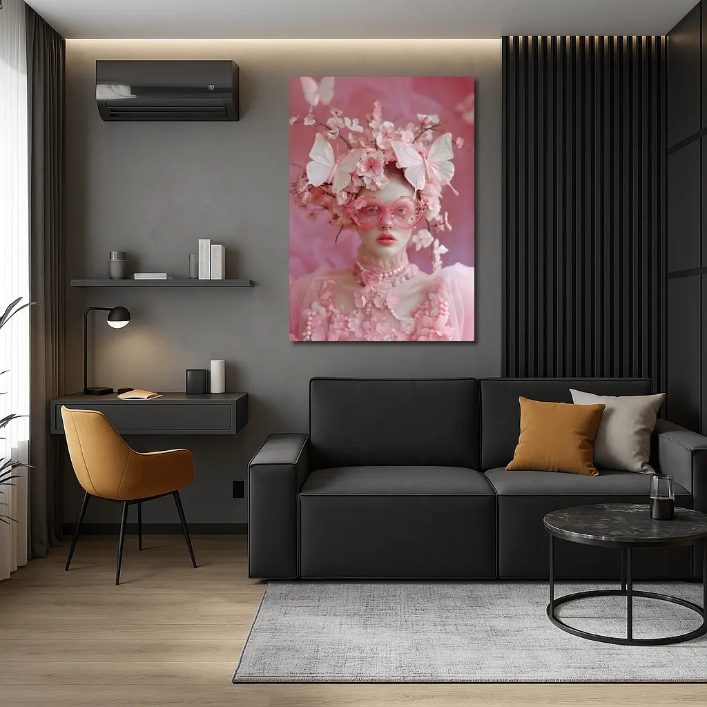 Pink Fantasy Woman Butterflies Cherry Blossoms Portrait – Wall Art