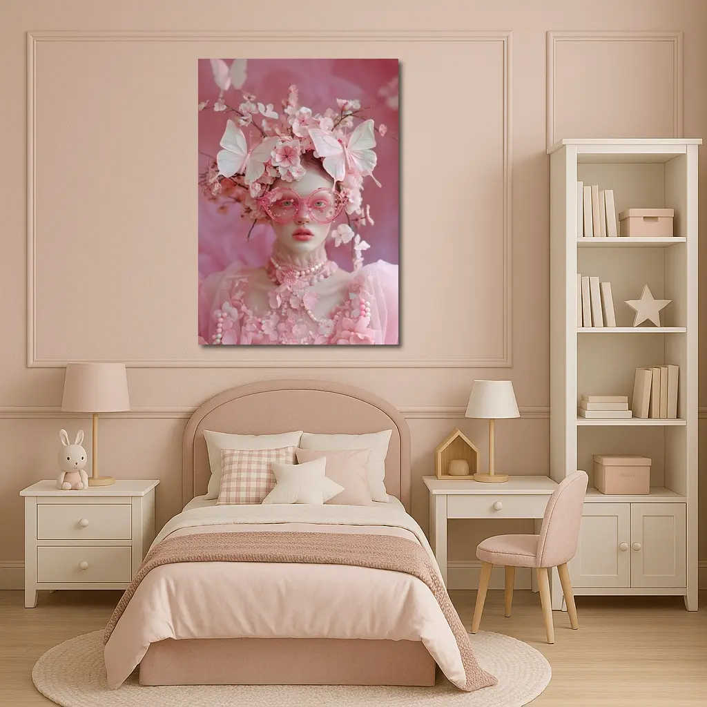 Pink Fantasy Woman Butterflies Cherry Blossoms Portrait – Wall Art