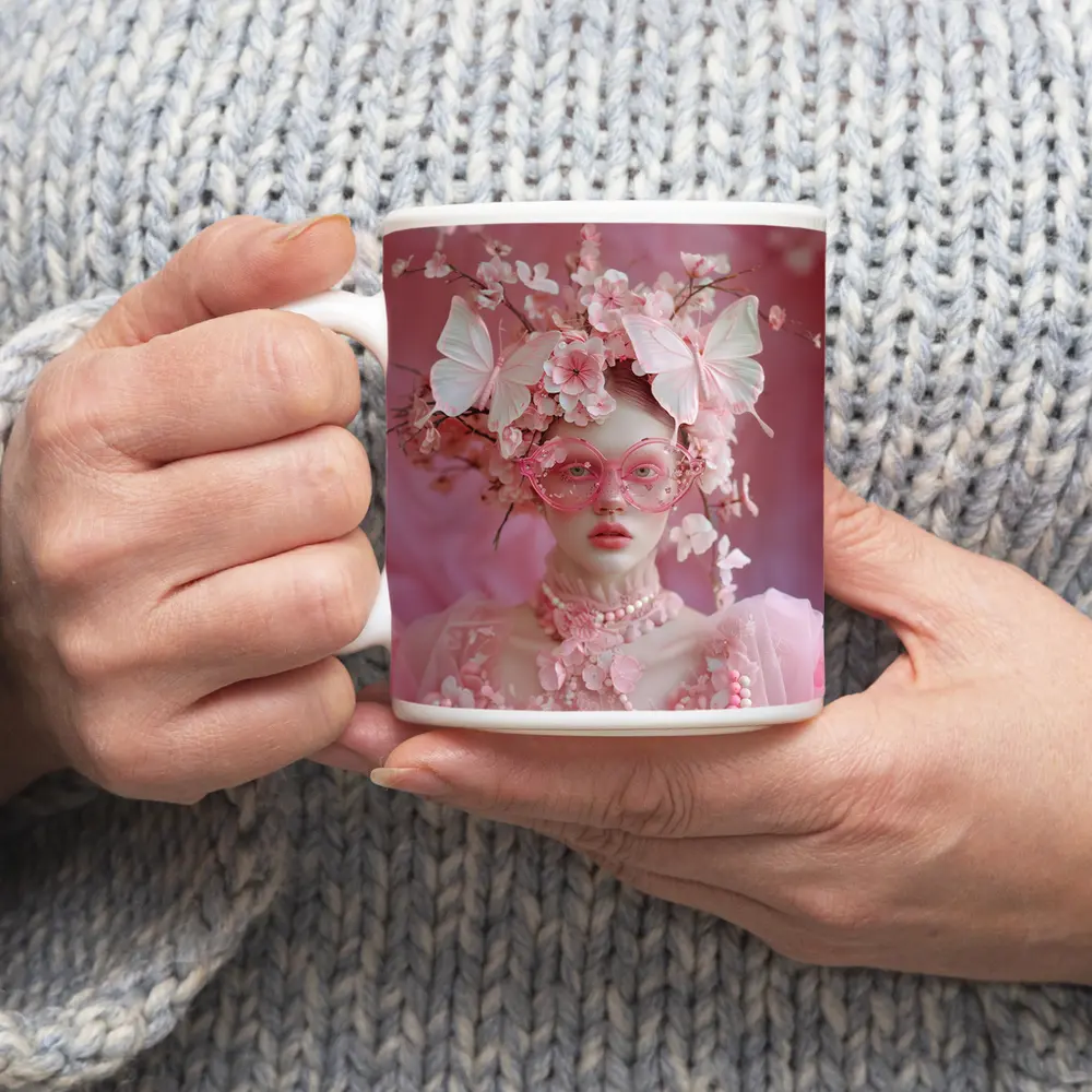 Pink Fantasy Woman Butterflies Cherry Blossoms Portrait – Mugs