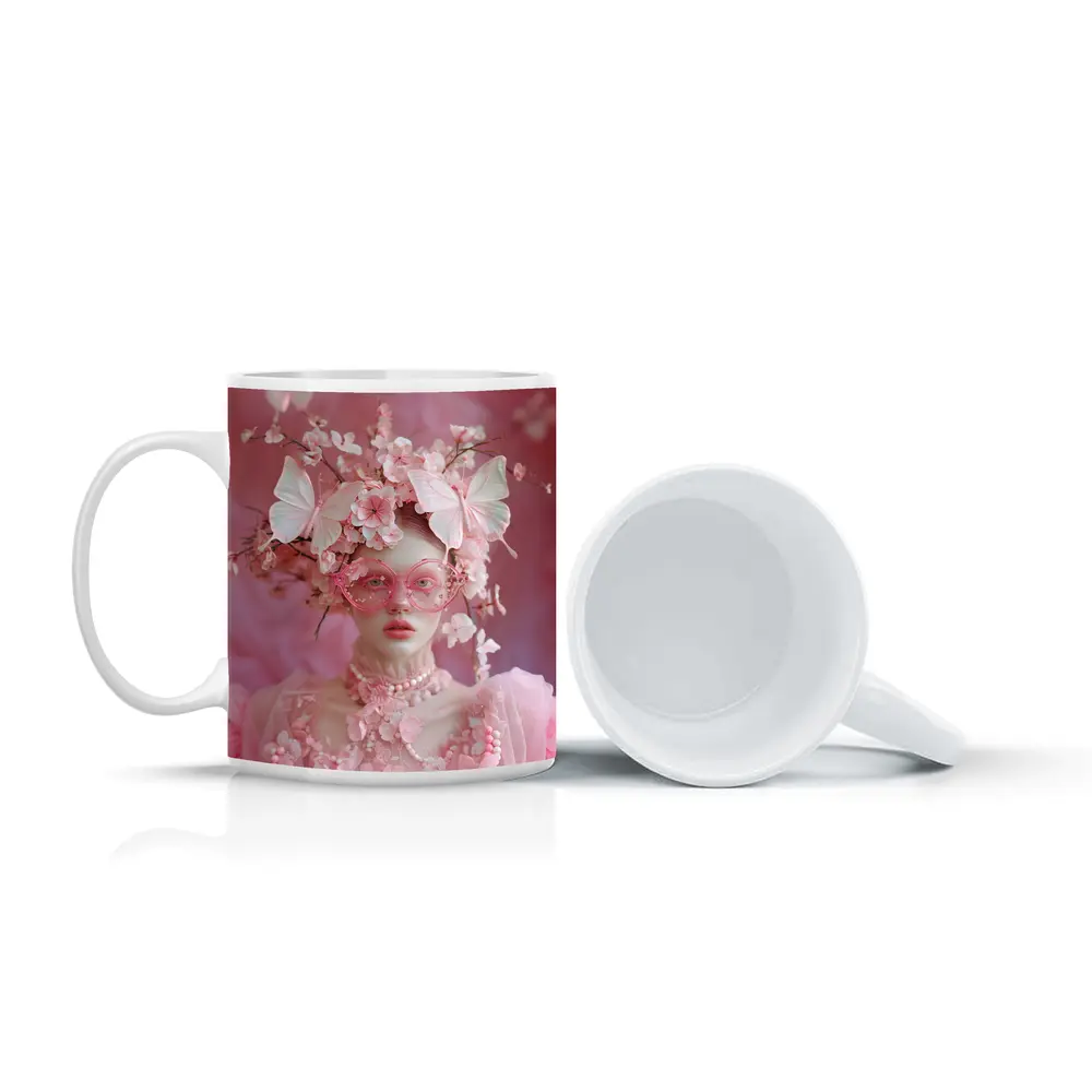 Pink Fantasy Woman Butterflies Cherry Blossoms Portrait – Mugs
