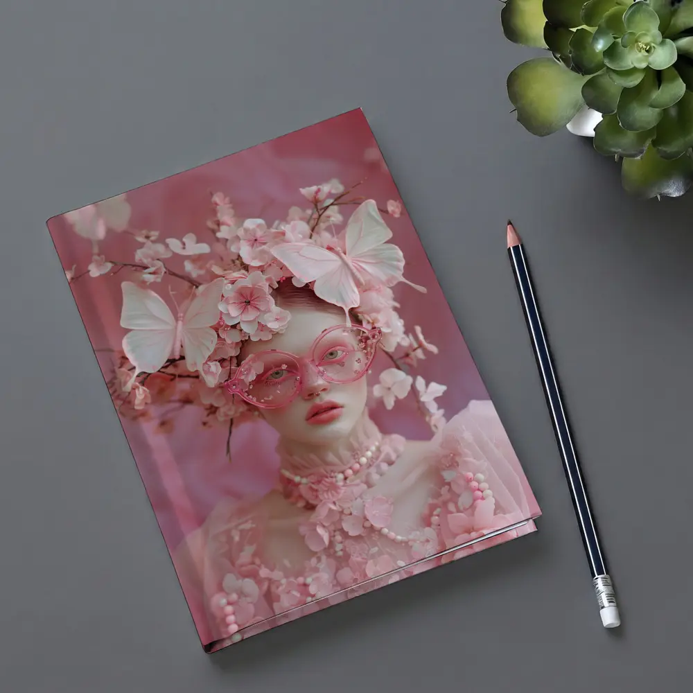 Pink Fantasy Woman Butterflies Cherry Blossoms Portrait – Notebooks