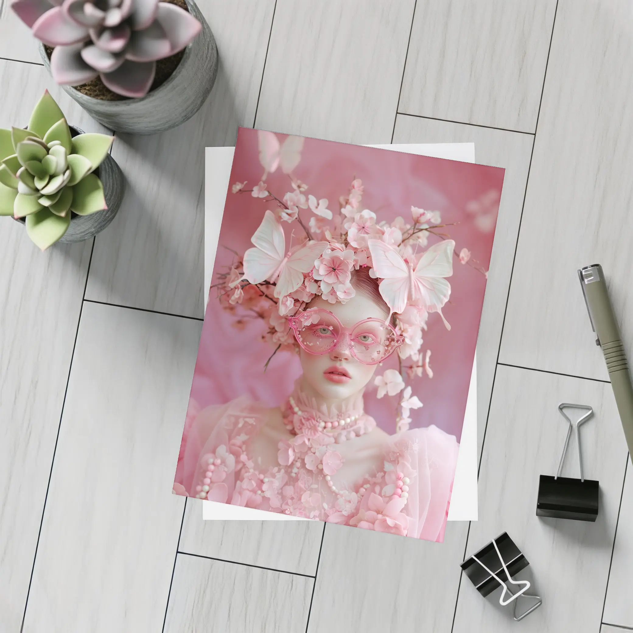 Pink Fantasy Woman Butterflies Cherry Blossoms Portrait – Postcards