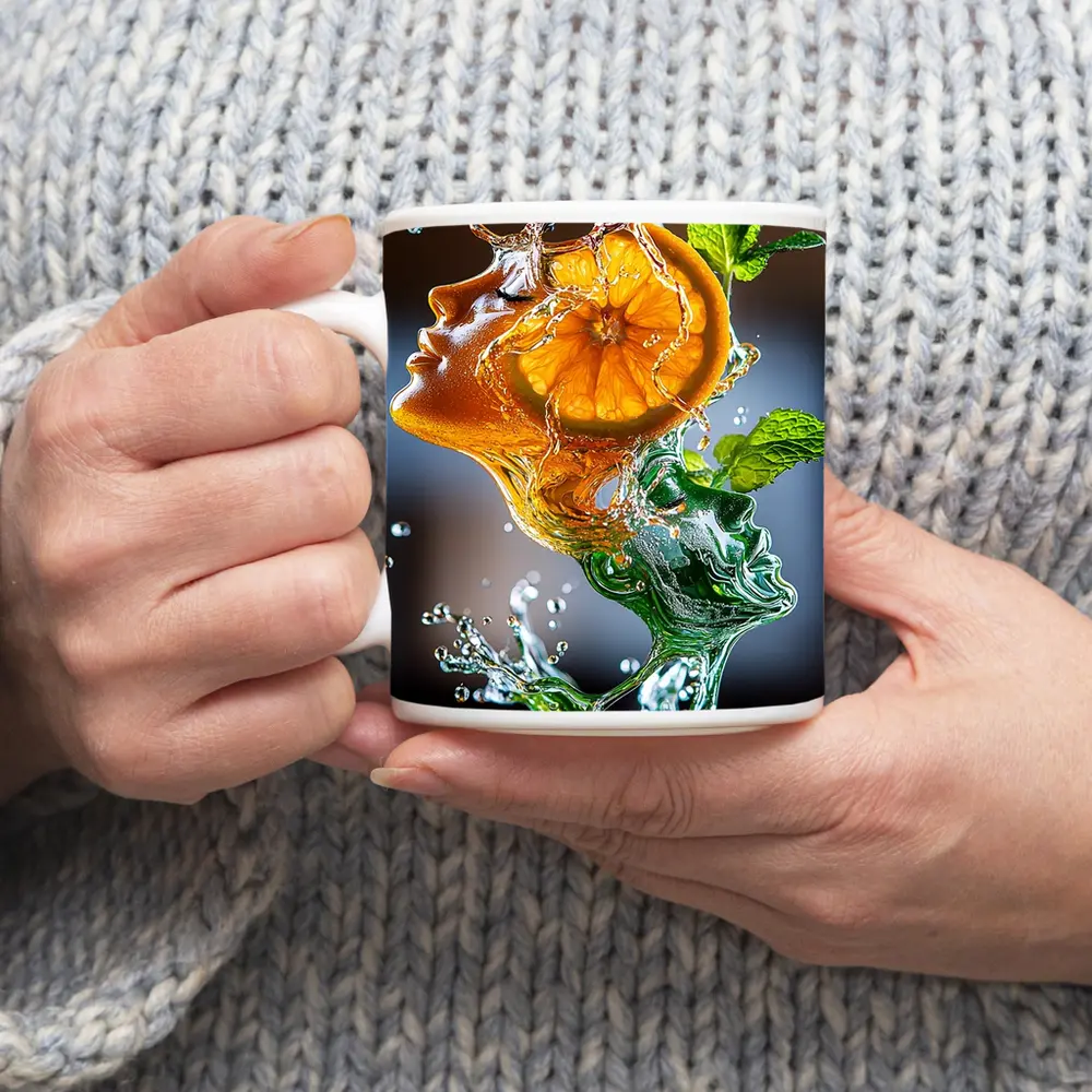 Orange Citrus Woman Face Water Splash Art – Mugs