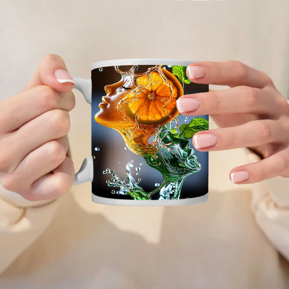 Orange Citrus Woman Face Water Splash Art – Mugs