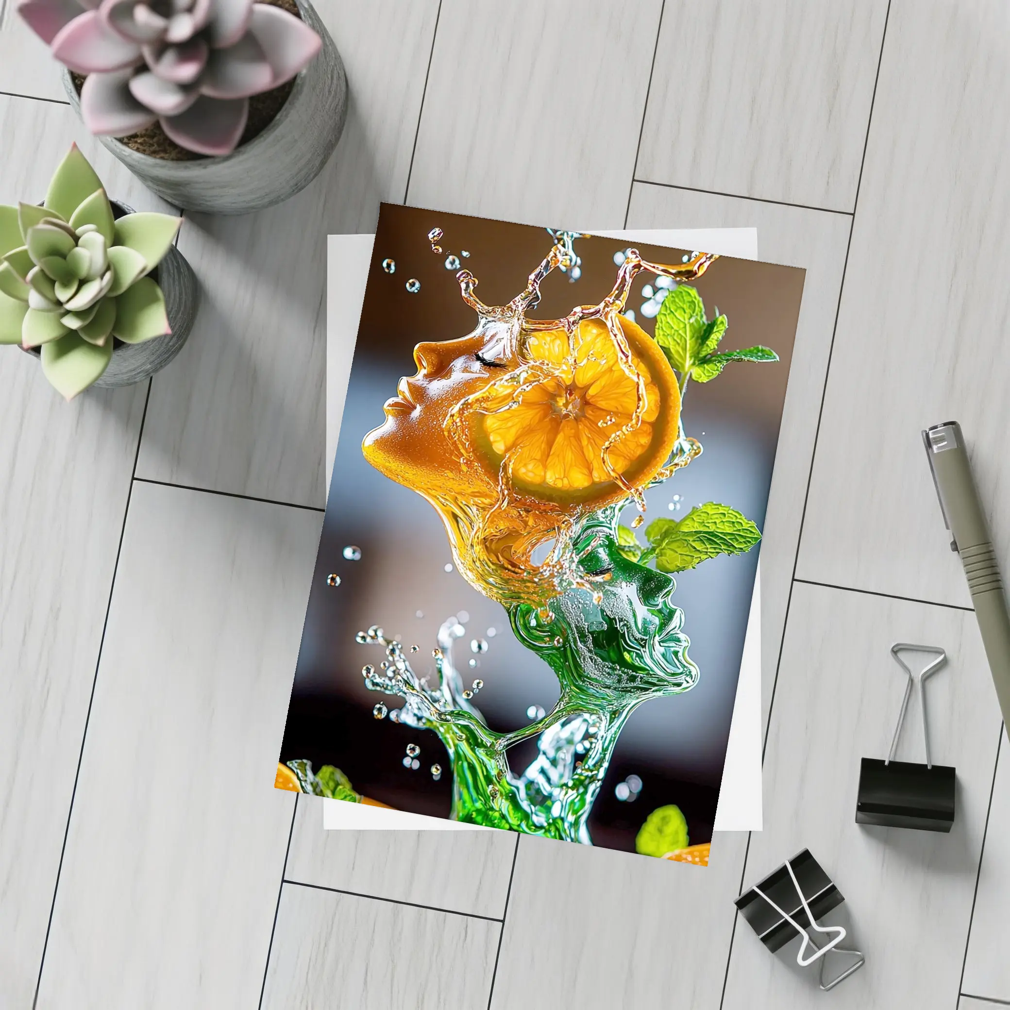 Orange Citrus Woman Face Water Splash Art – Postcards