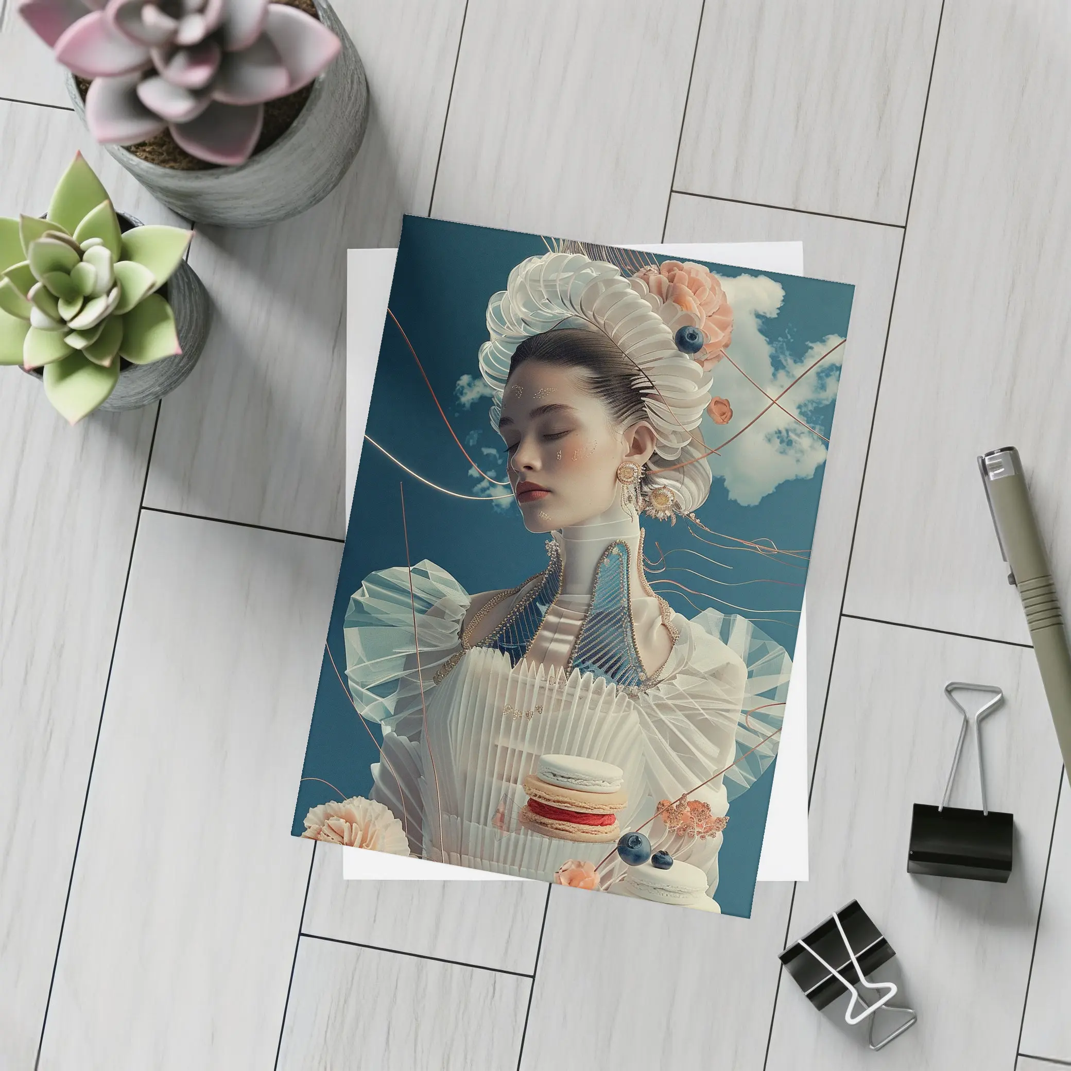 Surreal Fashion Woman Macarons Blue Sky – Postcards
