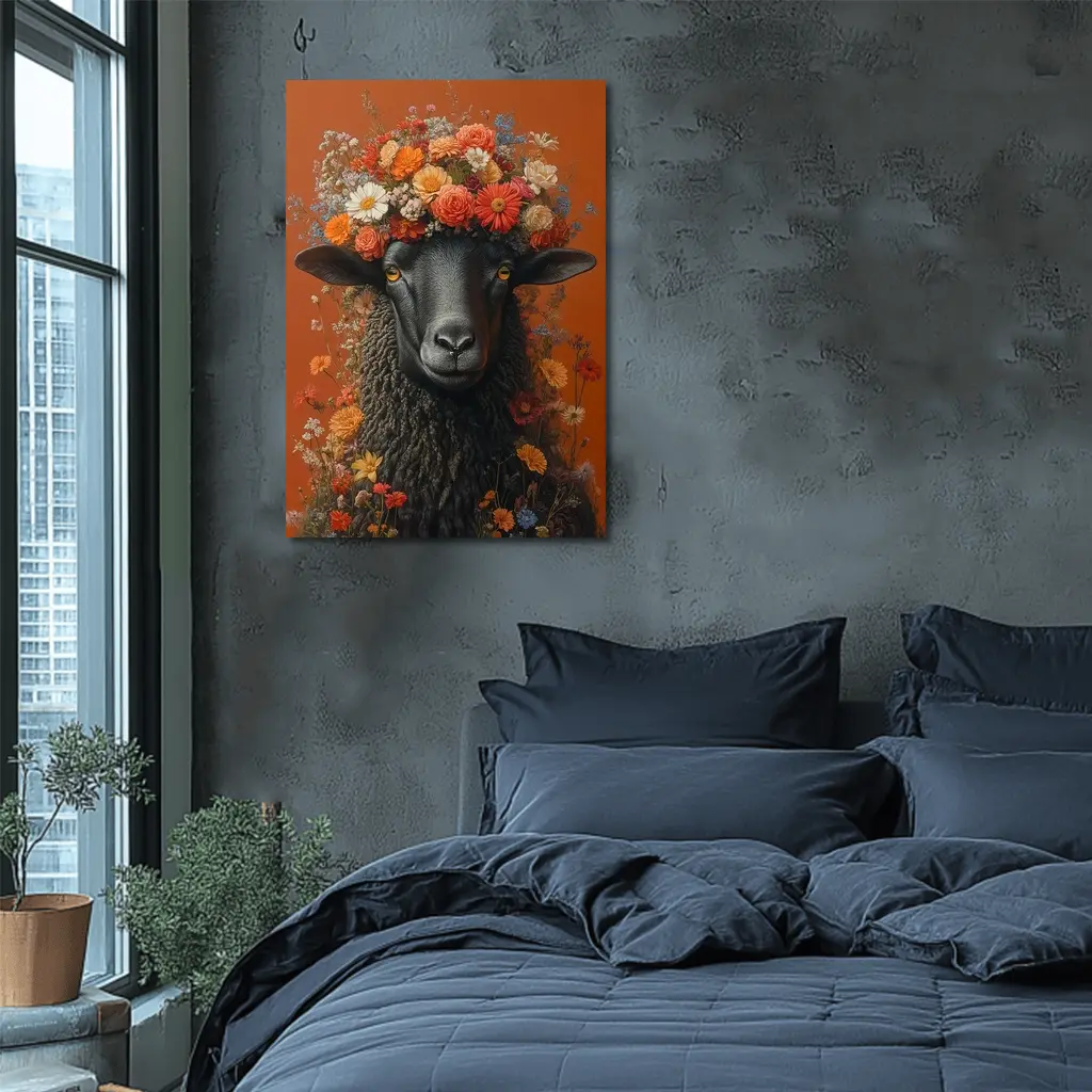 Black Sheep Floral Crown Orange Background – Wall Art