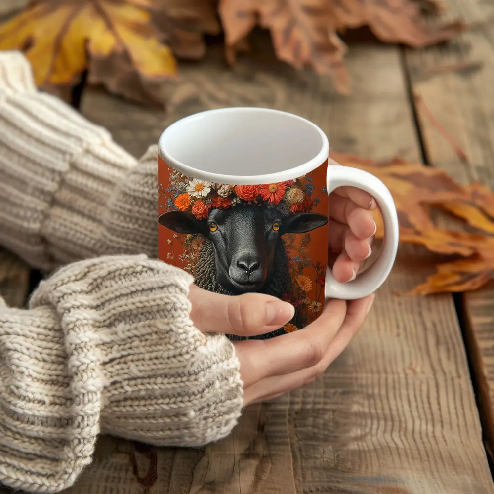 Black Sheep Floral Crown Orange Background – Mugs