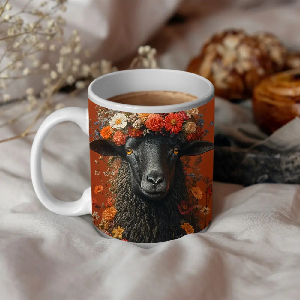 Black Sheep Floral Crown Orange Background – Mugs
