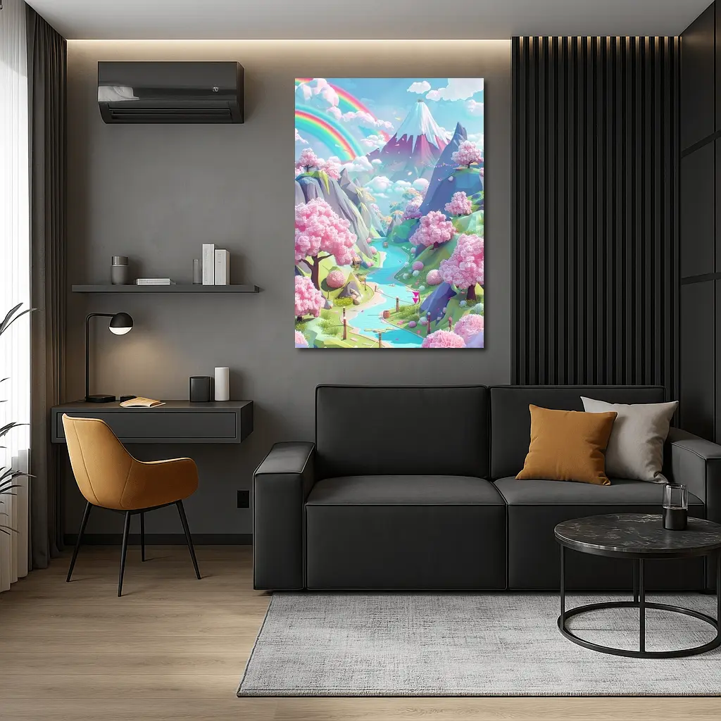 Pastel Cherry Blossom Valley Rainbow Fantasy Art – Wall Art