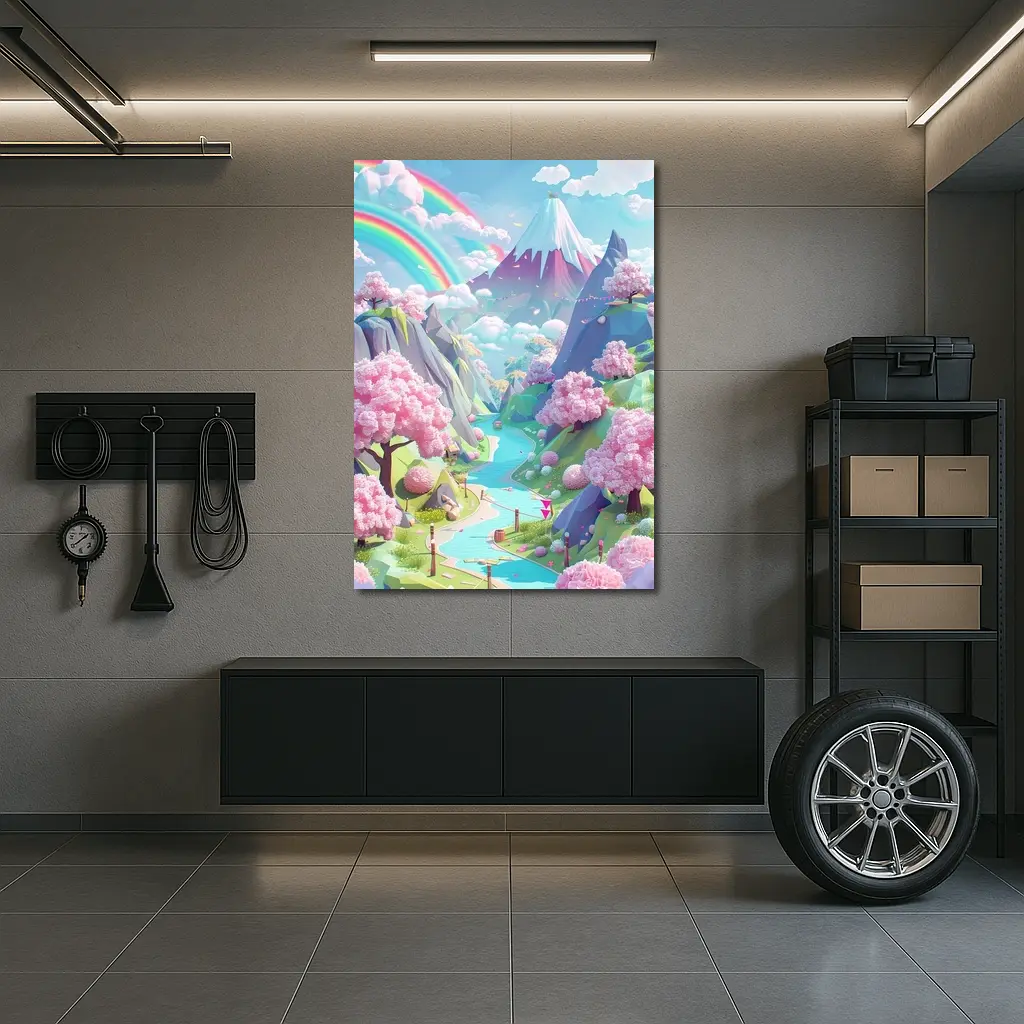 Pastel Cherry Blossom Valley Rainbow Fantasy Art – Wall Art