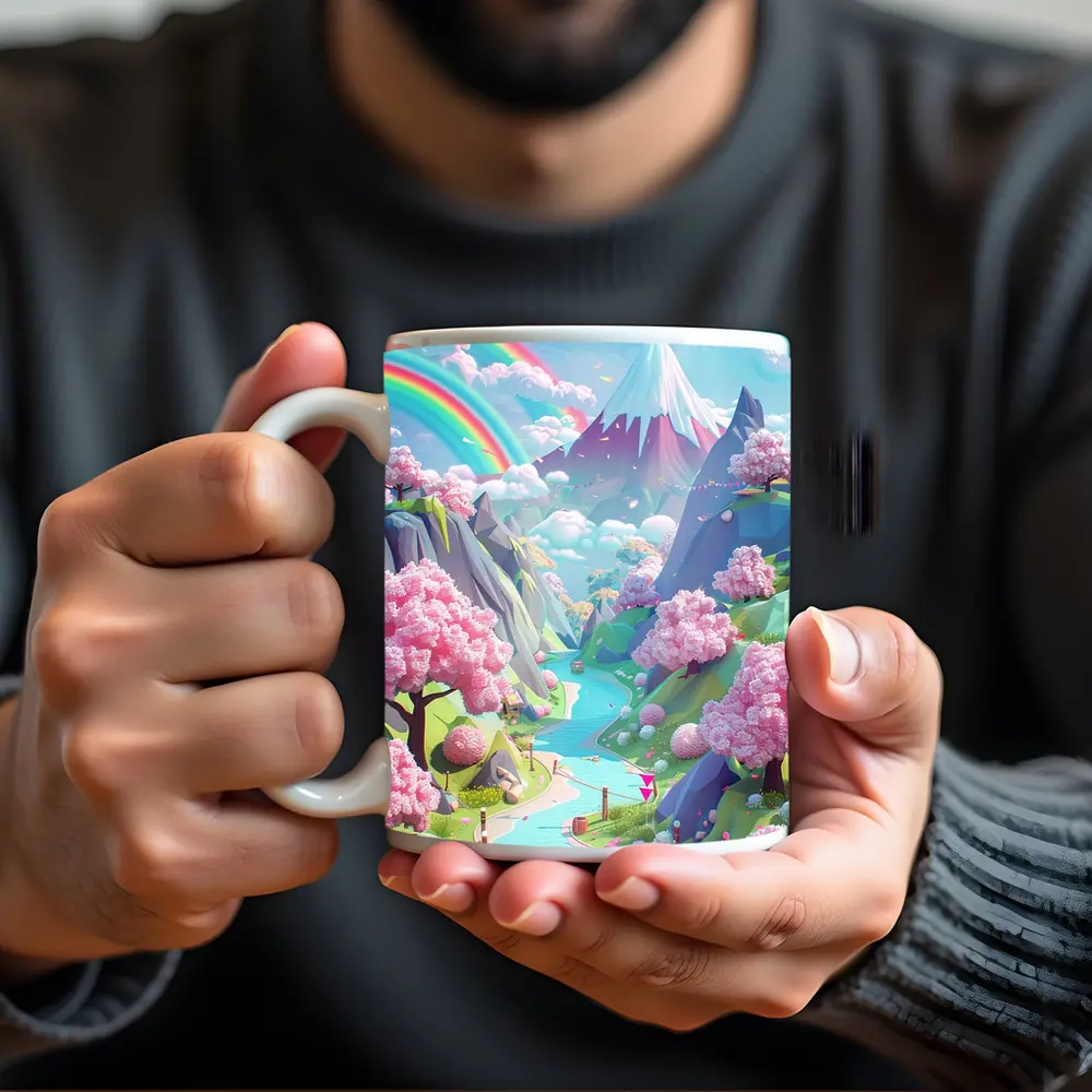 Pastel Cherry Blossom Valley Rainbow Fantasy Art – Mugs