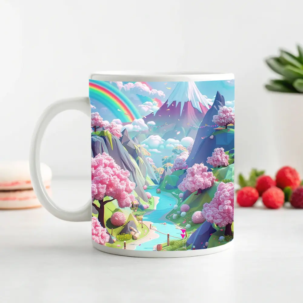 Pastel Cherry Blossom Valley Rainbow Fantasy Art – Mugs