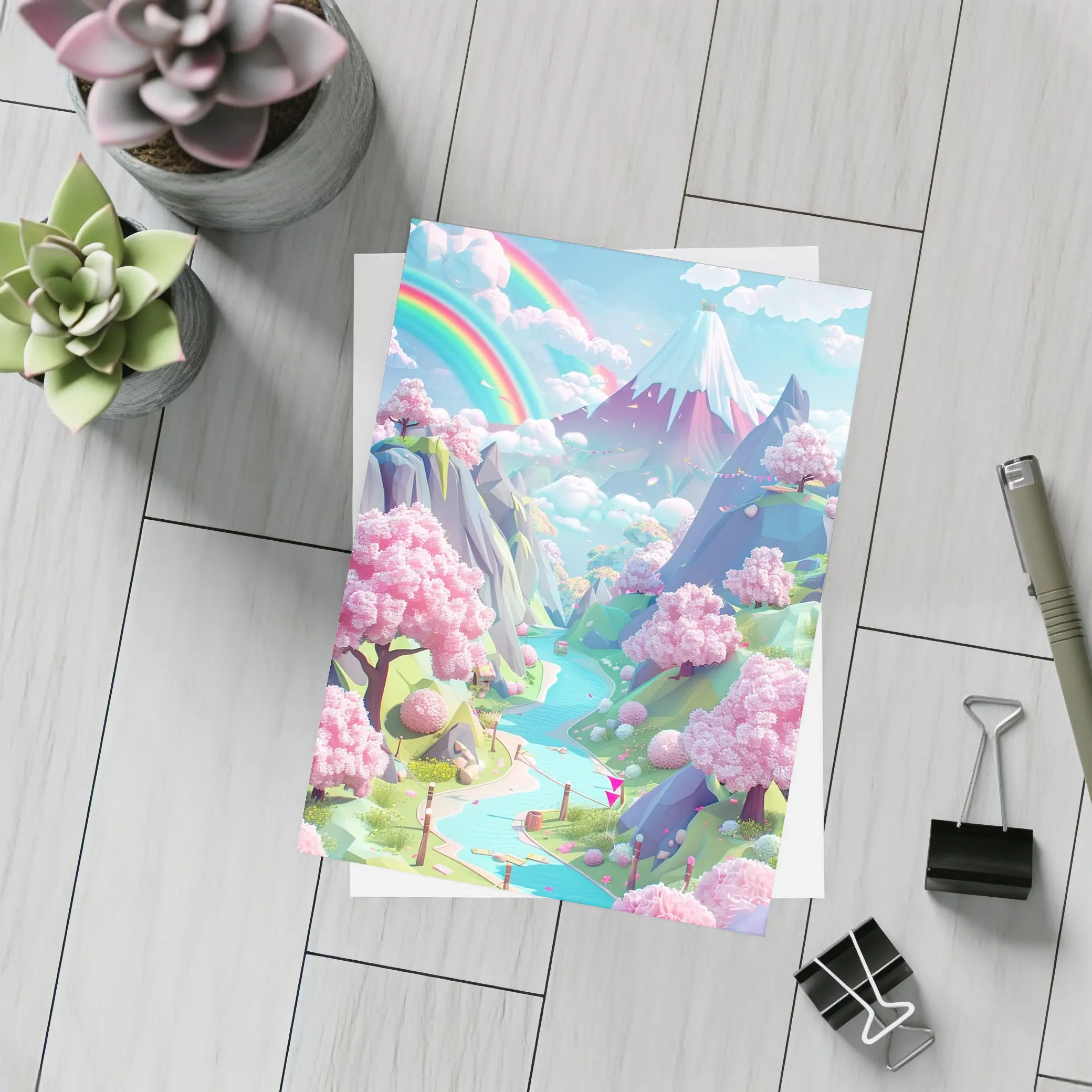 Pastel Cherry Blossom Valley Rainbow Fantasy Art – Postcards