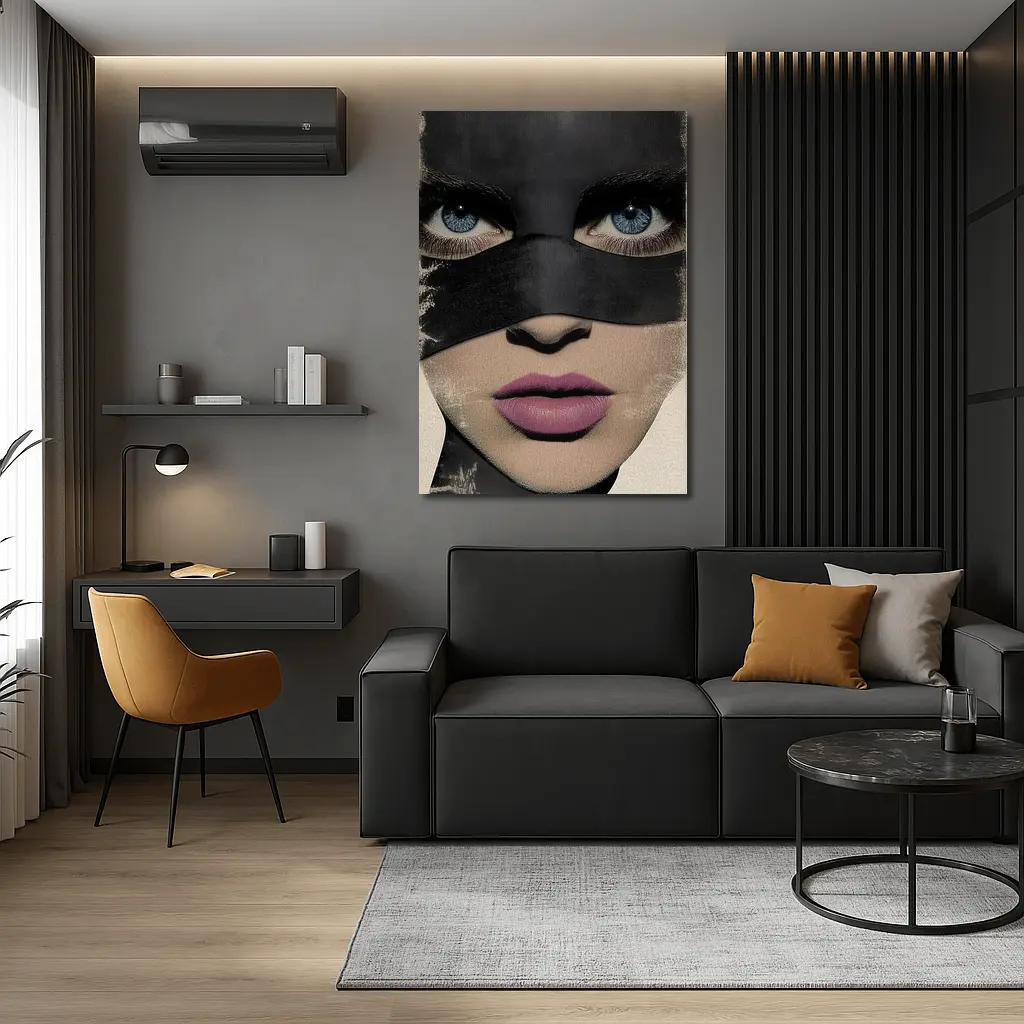 Woman Blue Eyes Black Mask Portrait Art – Wall Art
